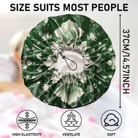 Zewurtuw Luxury Shower Cap Adjustable Reusable Double Waterproof Layer Elastic Satin Lined Hair Bath Cap Cute Aesthetic Women Girls-Green Flower
