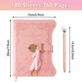 heavenlife Lock Journal with Pen B6, Vintage Diary with Lock and Key, PU Leather Notebook, 180/360 Pages, Heart Shaped Lock for Women Girls Kids (Pink)