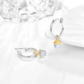 KINGWHYTE Women's Moonstone Hoop Earrings Silver 925, Gold Flowers with Rainbow Stone Beads Earrings, Removable Pendant, Three in One, Simple Earrings, Sterling Silver, Moonstone