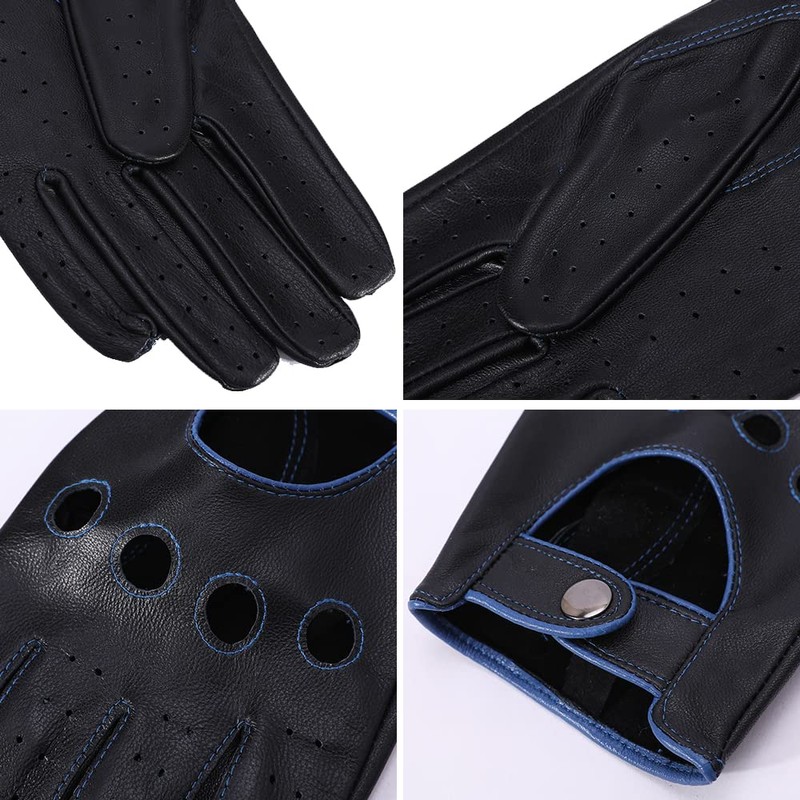 MGGMOKAY Men's Leather Car Gloves Touchscreen Leather Gloves Unlined, Black-Blue