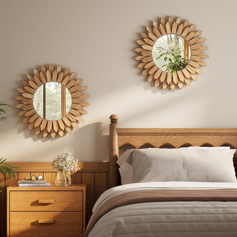 VETROVUE 20 Inch Brown Boho Wall Decor Sunburst Mirror -
