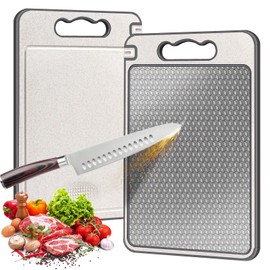 Titanium Cutting Boards for Kitchen, Double Sided Chopping Boards with Handle, Large Non Slip Metal Cutting Board 14.3 * 9.8 In, Titanium and Wheat Straw PP Easy to Clean, Dishwasher Safe