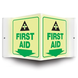 Accuform PSP865 Projection Sign 3D, "First AID (Arrow)" with Graphic, 6" x 5" Panel, 0.10" Thick High-Impact Lumi-Glow Plastic, Pre-Drilled Mounting Holes, Green/Black on Glow