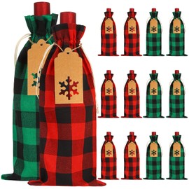 STEFORD Burlap Wine Gift Bags,12 Pack Buffalo Plaid Christmas Jute Wine Bottle Bags with Drawstring & Tags,Reusable Wine Bottle Covers for Christmas,Wedding,Birthday,Housewarming