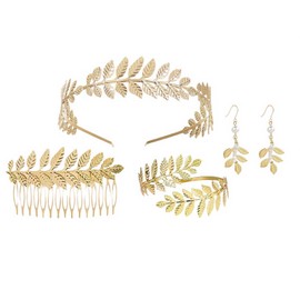 JOZMMZEOOA 4 Pcs Greek Goddess Costume Accessories Set Golden Laurel Leaf Crown Upper Arm Coil Bracelet Pearl Leaf Dangle for Bridal Wedding Toga Party Gold Costume Jewellery