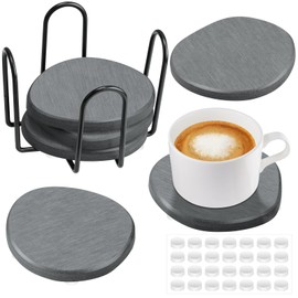 NiHome 6-Pack Natural Diatomaceous Earth Coasters with Holder for Coffee Cups, Wine Glasses & More, Highly Absorbent Quick-Drying with Scratch-Proof Pads, 3 Decorative Shapes Eco-Friendly Home Decor
