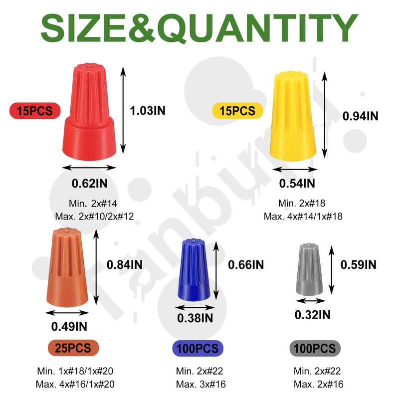 Tanbupu 255PCS Electrical Wire Cap Connectors Nuts Kit, Insulating Insert