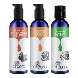 KIT de 3 ACEITES | 1 Aceite de Almendras + 1 Aceite de Ricino + 1 Aceite de Coco | HIdrata Piel, Cabello y Uñas | RESTAURA, NUTRE Y FORTALECE | 90ML Árbora