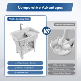 BEACCOSS Plastic Freestanding Laundry Tub Sink with Washboard, Faucet & Drain Kit for Laundry, Basement, Garage & Garden(31.5D x 22W x 31.5H Grey)