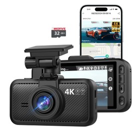 Miofive Car Camera 4K Resolution, WiFi, Bluetooth, GPS Dash Cam, 3 Inch IPS Display, Night Vision, Loop Recording, HDR, App Control and Supports up to 512GB with a Free 32G Map