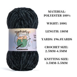Fuzzy Chenille Yarn for Crocheting, Fluffy Amigurumi Crochet Yarn for DIY Craft/Hat/Shoes, (100g/197yds) Soft Velvet Baby Blanket Yarn（Black）
