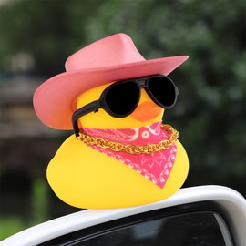 wonuu Car Dashboard Ornaments Rubber Ducks, Yellow Glitter Cowboy Hat Duck Decoration with Mini Cap Necklace Sunglasses (Pink Cowboy)