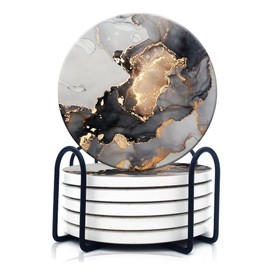 Dooke Coasters for Drinks, Absorbent Coasters with Holder, Ceramic Coasters with Cork Base, Housewarming Party Gift, Stone Coasters, Set of 6 (Grey Marble)