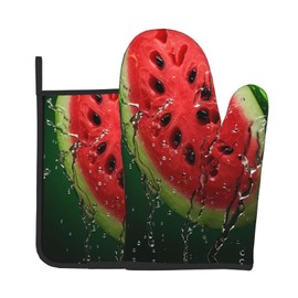 YYHWHJDE Watermelon Green Prints Quality Oven Mitts and Pot Holders Sets of 2 Kitchen Baking Used to open pot lids in the kitchen