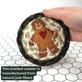 Gingerbread Man Christmas Drink Coasters, Braided Jute, Woven Coaster for Mugs and Cups, Holiday Table Décor, 5 Inches (Set of 2)