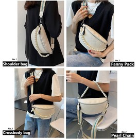 Dboar Crossbody Fanny Packs for Women, Vegan Leather Shoulder Chest Bag with Chain Strap, Quilted Fashion, Black Purses, White, White pearl
