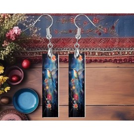 Twisted R Design Earrings, Hummingbird on Blue Wood Bar Printed Earrings Jewelry