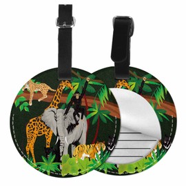TKS MITLAN Jungle Animals Luggage Tag for Suitcases Women Elephant Giraffe Chimpanzee Tiger Leopard Lying on Tree PU Leather Bag Travel Suitcase ID Identifier Round Baggage Tags (1 Pack)