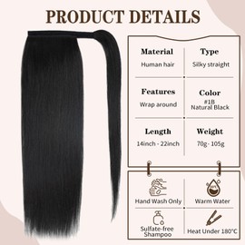 14 inch Ponytail Extension Human Hair 70g #1B Natural Black 100% Remy Hair Ponytail Long Straight Wrap Around Ponytail Clip in Hair Extensions One Piece Hairpiece for Women
