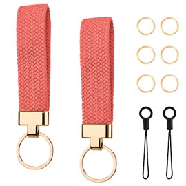Thatyro 2 Pieces Nylon Woven Wristlet Keychain, Cute Wrist Lanyard with Extra 6 Keyrings & 2 String, Stretchy Key Chains Holder Strap Bracelet for Women Men Car Wallet Phone (Red)