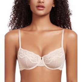 DotVol Women's Large Sizes Transparent Underwired Unlined Balconette Bra Lace Bra, beige