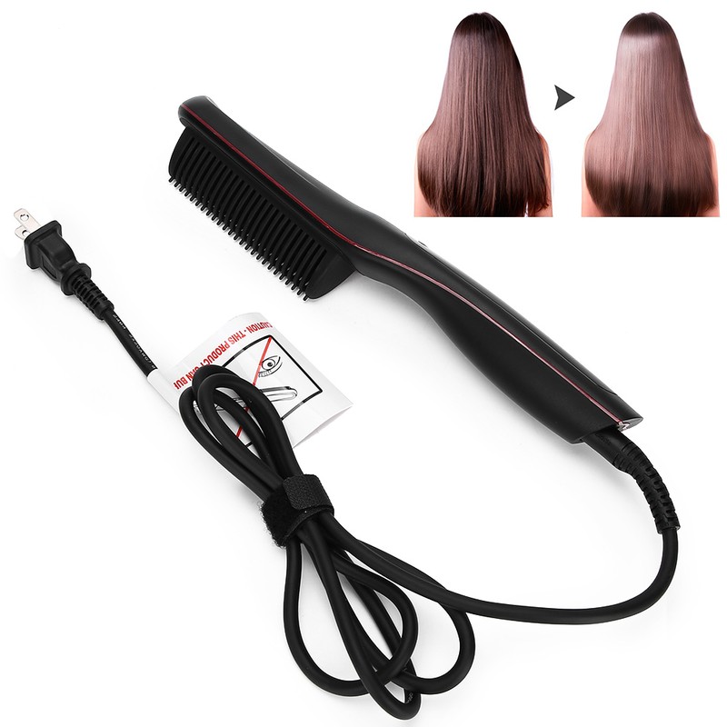 Electric Hair Straightener Comb Anti Scald Beard Straightener Brush (Black