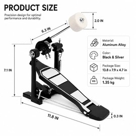 Adjustable Bass Drum Pedal — Aluminum Alloy Kick Pedal for Acoustic & Electronic Drums, Smooth Chain Drive, Stable & Responsive for Beginner to Semi‑Pro Drummers
