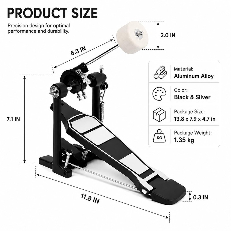 Adjustable Bass Drum Pedal — Aluminum Alloy Kick Pedal for