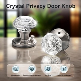 KNOBWELL Privacy Glass Door Knob for Bedroom and Bathroom, Vintage Clear Crystal Door Knobs with Lock, Crystal Interior Door Knobs with Victorian Plate Rosette, Satin Nickel, 2 Pack