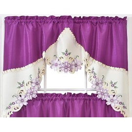 GOHD Arch Floral Kitchen Curtain Set/Swag Valance & Tier Set. Nice Matching Color Floral Embroidery on Border with cutworks (Purple)