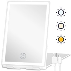 Travel Makeup Mirror with Lights, Rechargeable Portable Folding Compact Mirror, Lighted Makeup Mirror with 72 LEDs 3 Color Light Modes, Dimmable Touch Screen LED Vanity Mirror with Lights-05