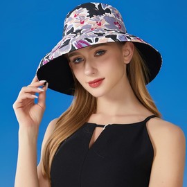 Kisyard Reversible Bucket Hat for Women Summer UV Sun Protection Wide Brim Fishing Hat Foldable Travel Beach