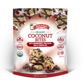Jennies Organic Coconut Bites with Cranberries, Goji, Chia Seeds, & Chocolate 24oz | Gluten Free | Peanut Free | Dairy Free | Individually Wrapped