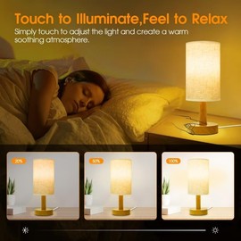 Small Corded Touch Bedside Table Lamp Set of 2 with Stepless Dimming, Natural Wood Base & Linen Fabric Shade, Soft Ambient Warm Boho Night Light for Bedroom, Nightstand, Living Room, Nursery,Kitchen