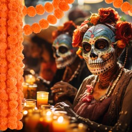 6 Pcs× 5 Feet Long Marigold Flowers Garland Bulk Indian Wedding Party Mantel Decoration Artificial Dia de Los Muertos Decorations for Altar Faux Flower Garland Diwali, Bush Floral Party (OrangeRed)