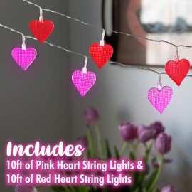 Valentines Day Red & Pink Heart 10ft String Lights- 2pk w 40 Total LED Fairy Lights- Easy to Hang & Battery Powered- 9 Different Modes- Indoor/Outdoor Decorations Garland for Home, Parties, Classroom