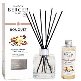 MAISON BERGER - Reed Diffuser Clear Glass Scented Bouquet - 8 Black Reed Sticks (8.3 inches) - Includes 100 Milliliters (3.4 Fluid Ounces) Fragrance Refill (Amber Powder)