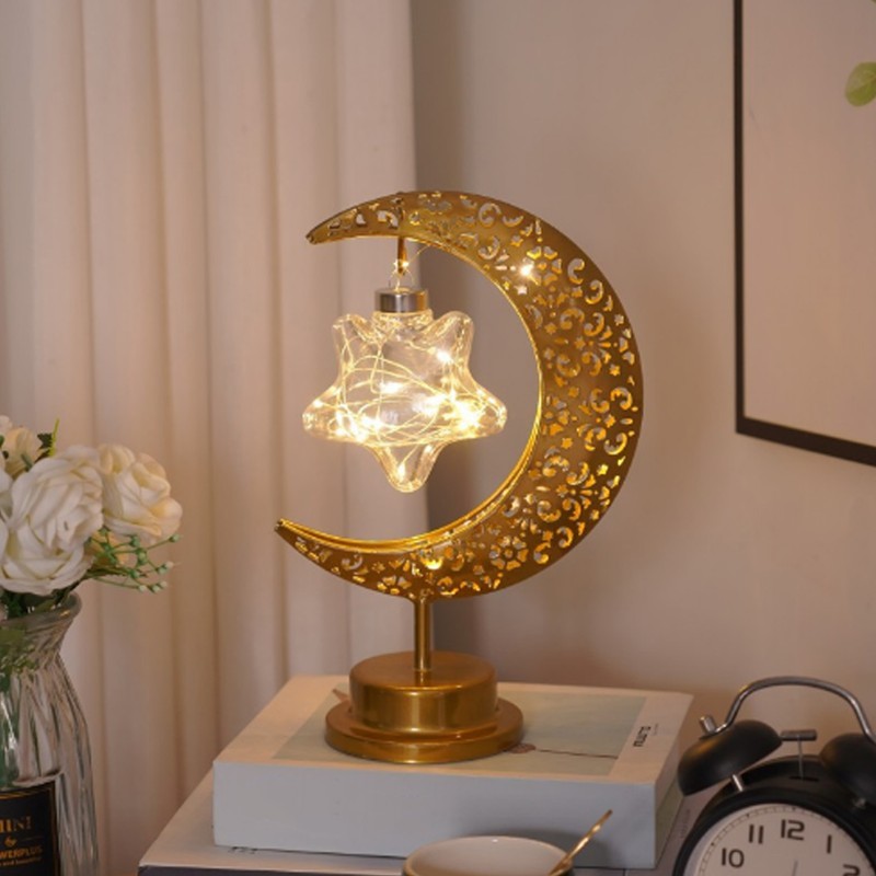 Tabletop Moon Lamp Iron Openwork Pattern LED Hanging Moon Shape