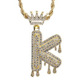 Initial Necklace for Men Women,18K Gold Plated Crown Letter Pendant with 24 Inch Chain,Cubic Zirconia Capital Monogram Pendant Necklace Jewelry Gift (Initial K)