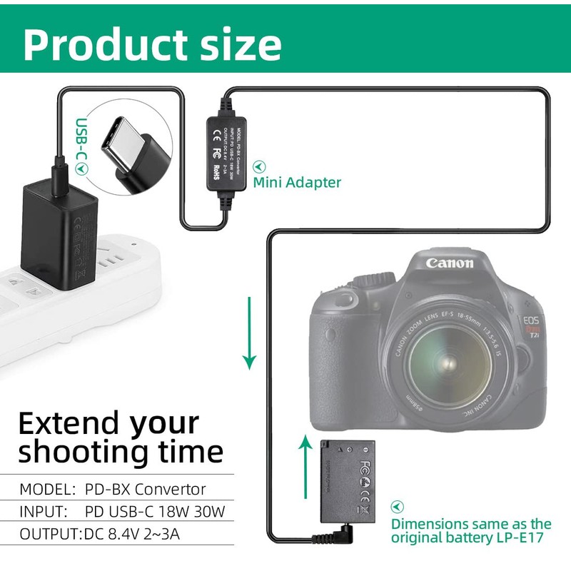 RONFEN DR-E17 DC Coupler Dummy Battery USB-C Cable PD Adapter