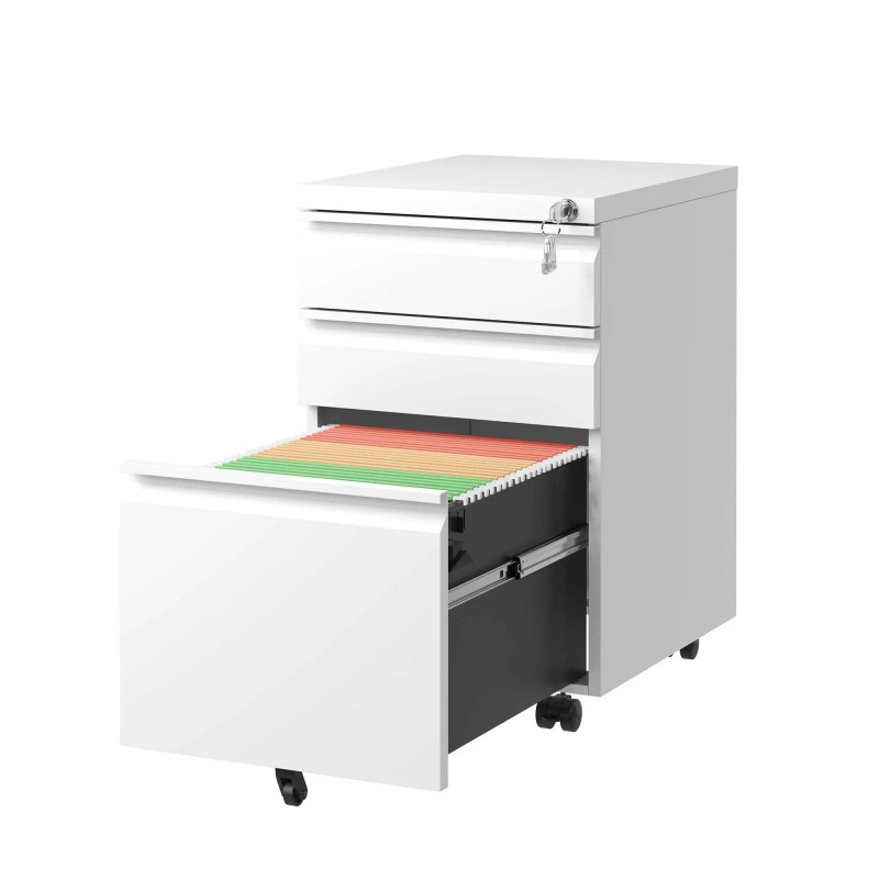 3 Drawer Fully Assembled White Metal Mobile File Cabinet Lock