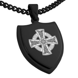 Tioneer Black Stainless Steel Celtic Cross Rune Knot Shield Pendant Necklace