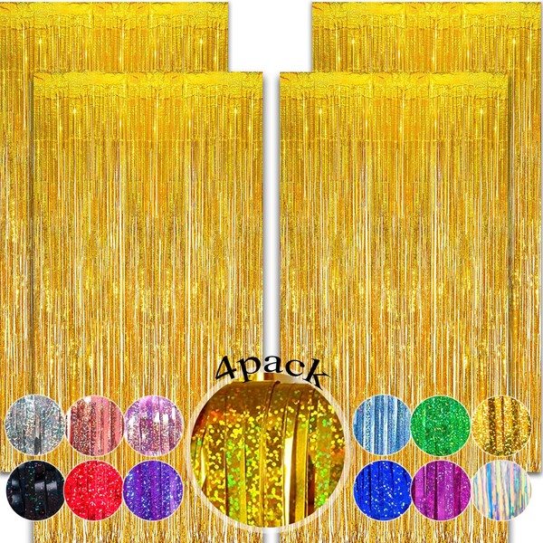 4Pcs Gold Tinsel Curtain Metallic-12.8x8.2 Feet,Slmeno Glitter Gold Fringe Curtain,Gold