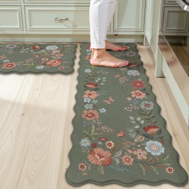 Collive Anti Fatigue Kitchen Mats, Scalloped Green Floral Kitchen Rugs Set of 2 Non Slip Waterproof Standing Mat, Memory Foam Comfort Desk Rug for Office, Sink, Laundry, 17.3"x29"+17.3"x47"