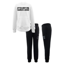 Champion Boys Hertiage 2-7 Two Piece Hooded and Crew Neck Fleece Pant Fleece Sweatshirt Sport Sets (4, White/Black Camo Hooded)