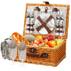 Wicker Picnic Basket Set for 4 Persons with Waterproof Picnic Blanket and Insulated Cooler, Large Willow Picnic Hamper for Camping, Outdoor, Valentine's Day, Birthday, Wedding Gift