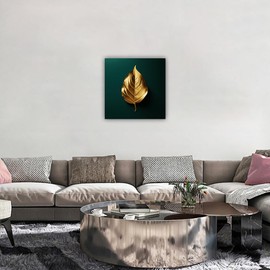 LURENCZH Leaf Canvas Wall Art Golden Leaf Picture Prints Green and Gold Paintings for Living Room Bedroom Decor Framed Ready to Hang(Green-1,12.00" x 12.00")