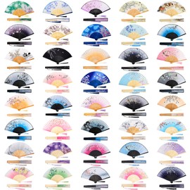 Thyle Thyle 40 Pcs Floral Hand Fan Chinese Vintage Style Silk Handheld Folding Fan Bamboo Framed Fabric Silk with Elegant Tassel Decorative for Wedding Party Women