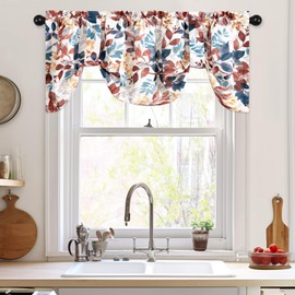 Leeva Colorful Leaves Printed Tie Up Window Valance, Linen Texture Chic Small Semi-Blackout Shade Valance for Living Room Kitchen Bathroom, 52 x 18 Inch, One Panel, Rod Pocket