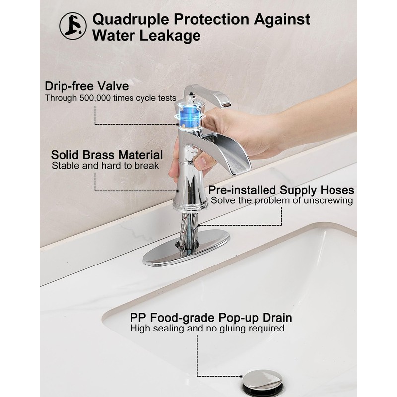 HEYMYTAP Brass Chrome Bathroom Faucet Single Handle, Bathroom Faucets One